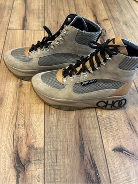 Jimmy Choo Taupe and Tan Suede High-Top Boots